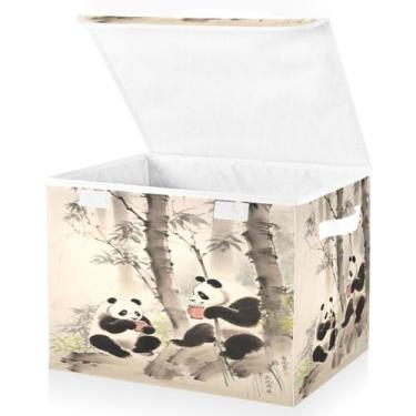Imagem de Blueangle Cestos de armazenamento de bambu panda chinês com tampas, 42 x 32 x 30 cm, grande cesta organizadora dobrável para decoração de escritório e armário (252)