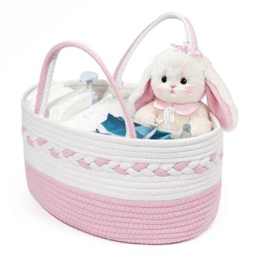 Imagem de k8PurrDog Organizador de fraldas, cesta de presente de corda de algodão com divisor removível, organizador de armazenamento de berçário para itens essenciais para bebês, trocador de fraldas (rosa)