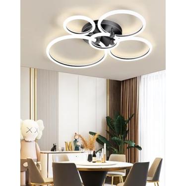 Imagem de Luminária de teto LED moderna com design de anéis, dimerizável e com controle remoto. Ideal para sala de estar, quarto, sala de jantar e escritório. Luminária de acrílico embutida para sala