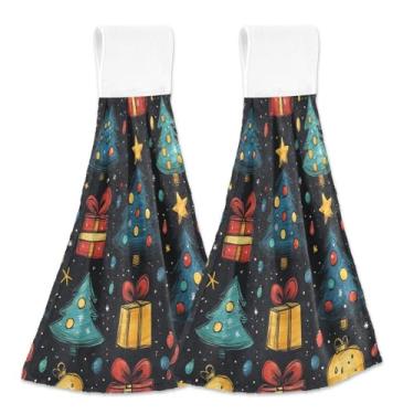 Imagem de Blueangle 2 peças de toalhas de gravata penduradas com árvores de Natal de desenho animado toalha de mão toalha de mão absorvente de veludo coral macio pano para cozinha e banheiro (731)