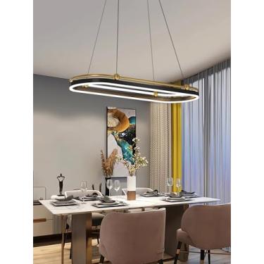 Imagem de Luminária pendente LED oval moderna com intensidade regulável, para mesa de jantar, com controle remoto, estilo anel, altura ajustável, lustre, luminária pendente para cozinha e escritório,