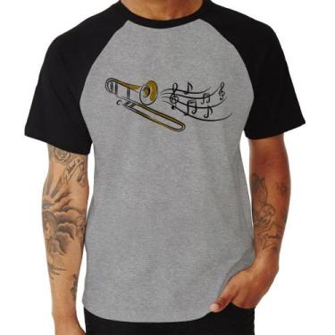Imagem de Camiseta Raglan Trombone Notas Musicais - Foca na Moda, Cinza, Preto, 