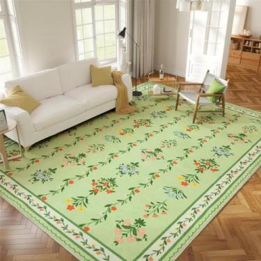 Imagem de Tapete verde para área grande, 2,4 x 3 m, lavável à máquina, tapetes florais grossos, vintage, antiderrapante, impermeável, para sala de estar, quarto, sala de jantar, resistente a manchas
