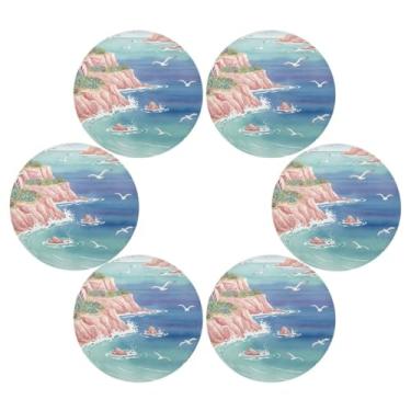 Imagem de Wassud Jogo americano conjunto de 6 tapetes de mesa redondos de paisagens costeiras para cozinha e jantar tapetes laváveis resistentes ao calor para decoração de mesa 39 cm