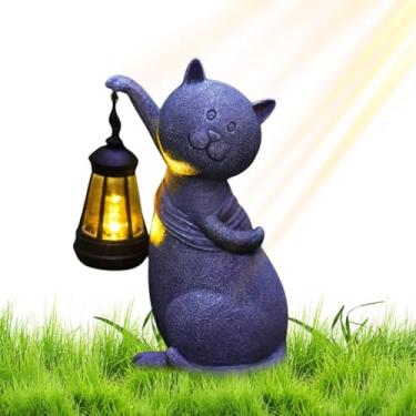 Imagem de Lanterna solar de gato, estátua solar de jardim de gato - Decoração de jardim de gato de resina com lanterna solar | Decorações de pátio 10,24 pol. Ao ar livre, estátuas de jardim solar, luzes de esta