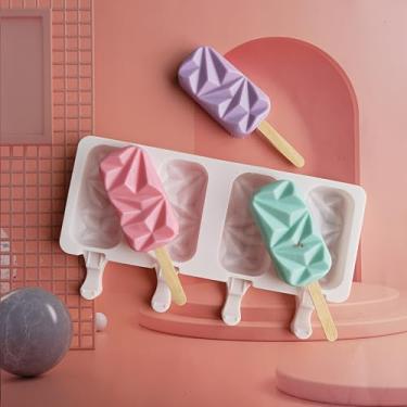 Imagem de Molde de sorvete de silicone com 4 cavidades, molde reutilizável de picolé de grau alimentício, aplicável a picolés caseiros, acessórios de sorvete, em forma de triângulo de diamante - grande