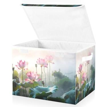 Imagem de Blueangle Cestos de armazenamento Dreamlike Lotus Plants com tampas, 42 x 32 x 30 cm, grande cesta organizadora dobrável para decoração de casa e escritório (159)