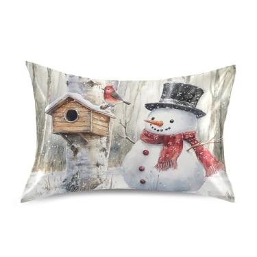 Imagem de Blueangle Linda fronha de cetim boneco de neve para cabelo e pele, fronha de seda, tamanho Queen (50,8 x 76,2 cm) - Capas de almofada de cetim refrescantes com fecho de envelope (595)