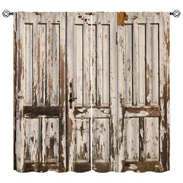 Imagem de Cortinas de porta de madeira rústica, tratamentos de janela com padrão de casa de campo vintage antigo, cortinas com isolamento térmico para varão, 2 conjuntos de painéis para quarto, sala de estar
