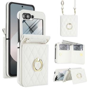 Imagem de Capa carteira para Samsung Galaxy Z Flip6, capa de telefone com suporte de anel de 360° e protetor de tela, capa protetora de couro PU TPU com fecho magnético para mulheres e homens (branca)