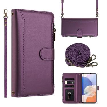 Imagem de Asuwish Capa de telefone para Samsung Galaxy A14/M14 5G capa carteira com protetor de tela de vidro temperado alça transversal de couro flip zíper suporte para cartão de crédito celular A 14 4G 14A