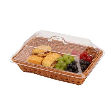 Imagem de Cesta de pão de imitação de vime com tampa, cesta de servir de mesa para pão, frutas e legumes, cozinha e jantar, forma retangular de 35 x 25 cm