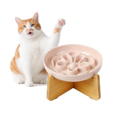 Imagem de Tigela de alimentação lenta elevada para gatos - Prato de melamina para gatos com suporte de bambu antiderrapante - Tigela de alimentação adequada para bigodes - Prato de comida de labirinto floral