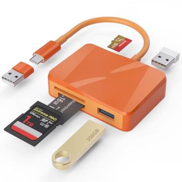 Imagem de Leitor de cartão SD, adaptador de cartão USB-C e USB 5 em 1 com SD/MicroSD/MS e duas portas USB-A leitor de cartão de memória para iPhone 17/16/15 Pro Max iPad MacBook Pro/Air M4/M3 Android telefone
