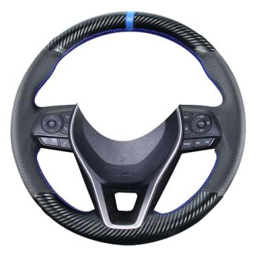 Imagem de Kivnto Capa de volante de fibra de carbono para Toyota RAV4 SUV 2019-2025 / Avalon 2019-2022 / Toyota Camry 2018-2024 / Corolla 2020-2025 DIY Costura 38.1 cm Acessórios interiores de couro preto