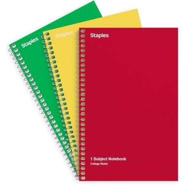 Imagem de STAPLES Cadernos espirais – pautados na faculdade, 1 matéria, 80 folhas, encadernação de arame durável, cores sortidas, pacote com 3