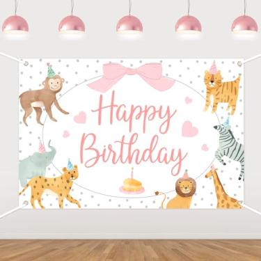 Imagem de Fundo de festa de aniversário de animais, decoração de aniversário de safári rosa, jardim zoológico, cenário de vinil para meninas de um ano, suprimentos de festa de aniversário