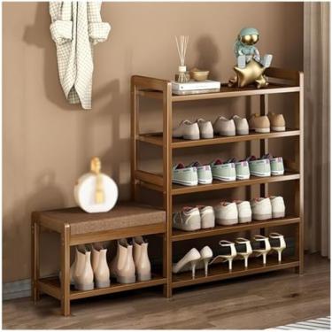 Imagem de HHHJQFAAT Sapateira com banco, banco de sapatos de bambu de entrada, rack organizador com prateleiras de armazenamento e almofada de assento para prateleiras de organização de sapateiras de corredor