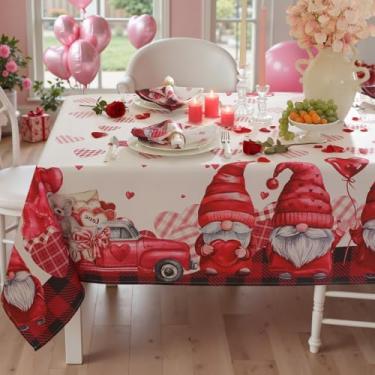 Imagem de SASTYBALE Toalha de mesa retangular para Dia dos Namorados, 132 x 187 cm, rosa, corações do amor, gnomos vermelhos, caminhão, urso de pelúcia, búfalo, xadrez, toalha de mesa de tecido quadriculado
