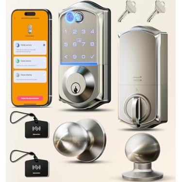 Imagem de Veise VE017-K Fechadura inteligente de impressão digital com 2 maçanetas, controle de aplicativo, fechadura frontal de porta de entrada sem chave com conjunto de alças, fechadura digital eletrônica, à