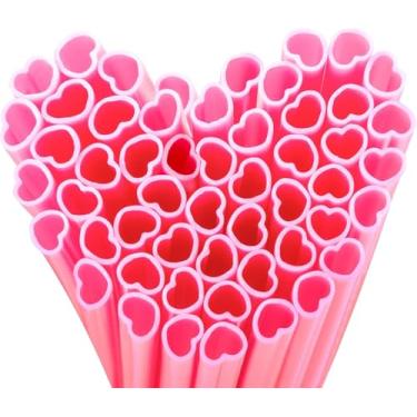 Imagem de 50 peças de canudos rosa em forma de coração para Dia dos Namorados, canudos de plástico fofos embalados individualmente para lembrancinhas de festa do Dia dos Namorados e Galentinos, chá de panela