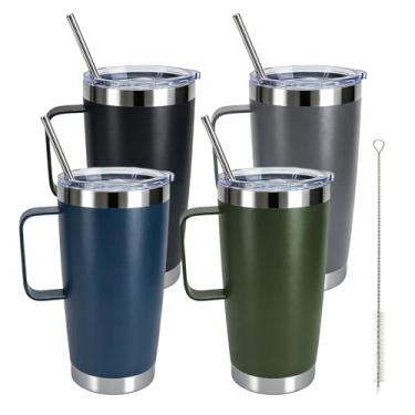 Imagem de yaenoei 4 peças de caneca de café de aço inoxidável de 590 ml com alça, copo isolado de parede dupla com tampa e pincel de canudo para bebidas quentes e frias, copo térmico reutilizável e portátil em