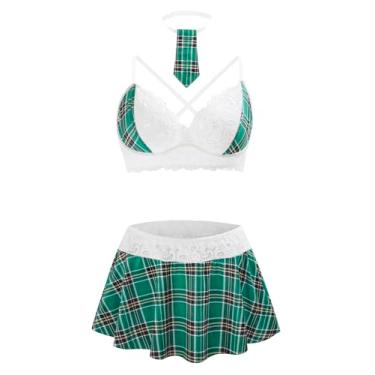 Imagem de CRIPOM Conjunto de lingerie feminina e saia para mulheres, conjunto de lingerie verde quadriculado PP