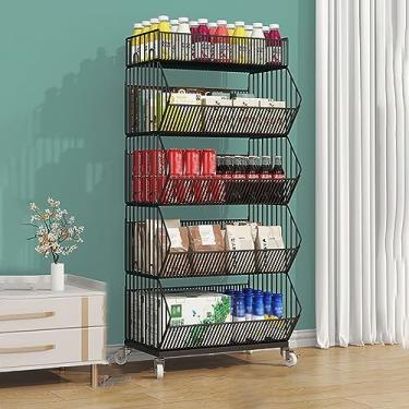 Imagem de Prateleiras de vegetais rolantes comerciais, rack de armazenamento de arame de ferro 3/4/5 camadas, carrinho organizador versátil para lanches, frutas, bebidas e brinquedos - Solução de exibição de