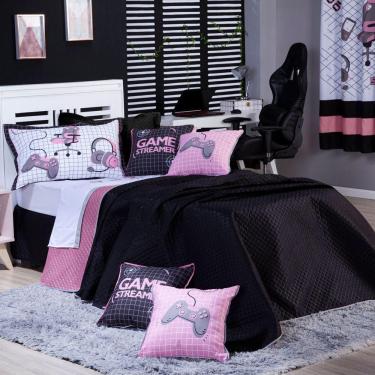 Imagem de Kit Cobre Leito Game Streamer Dupla Face C/ Almofadas Solteiro 05pçs Rosê