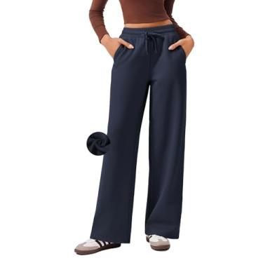 Imagem de PINSPARK Calça de moletom feminina de inverno quente com forro de lã, calça esportiva de perna larga, cintura alta, calça atlética larga, calça de treino solta com bolsos, azul escuro, xx-grande