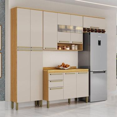 Imagem de Cozinha Compacta Modulada 4 Peças 11 Portas com Vidro e Tampo 300cm 100% Mdf Itália Espresso Móveis Amêndoa/Off White