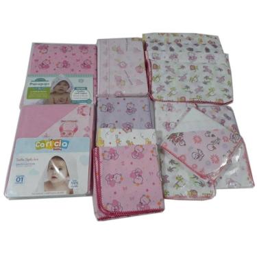 Imagem de Kit 20 Fraldas 2 Toalha Capuz 4 Cueiro 1 Travesseiro Menina