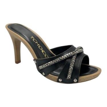 Imagem de Tamanco Tchocco Salto Alto Couro Preto Tiras Strass Retrô Vintage 52307-Feminino