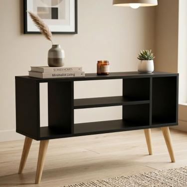 Imagem de Rack Para Tv Preto Home Com 4 Nichos Pés Em Madeira