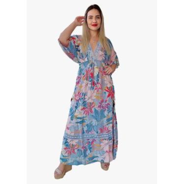 Imagem de Vestido Longo Indiano Estampado Manga Curta Viscose Cod.164 - Aléci Fa
