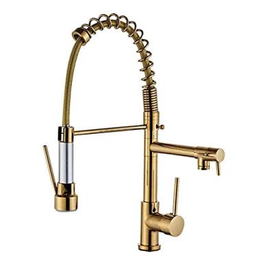 Imagem de Pkfinrd Torneira para pia de cozinha com pulverizador de puxar para baixo, torneiras de cozinha douradas, rotação de latão Sp360°, torneira multifuncional quente e fria