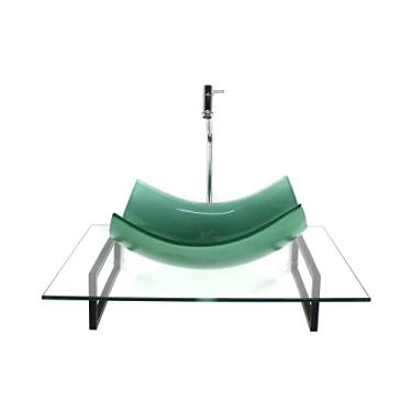 Imagem de KIT CUBA DE VIDRO RETANGULAR CURVADA VERDE COM TAMPO 60CM INCOLOR E SUPORTE TORNEIRA VALVULA