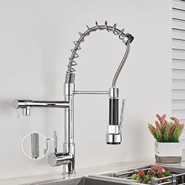 Imagem de Torneira de cozinha de primavera puxe pulverizador lateral duplo bico de alça única misturador torneira pia 360 rotações torneiras de cozinha, cromado gunhua, china