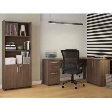 Imagem de Conjunto Home Office 2 Peças 1 Mesa em L  2 Gavetas 3 Portas 1 Armário 2 Portas 2 Prateleiras Espresso Móveis Nogal Trend