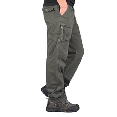 Imagem de Elonglin Calça Masculina de Cargo Calça de Algodão Confortável Casual para Uso Diário Cintura Elástica Verde Escuro GG