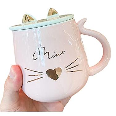 Imagem de Caneca de unicórnio com colher de tampa 3D linda xícara de chá de café de cerâmica conjunto de canecas de casal presente de aniversário para mulheres amantes de amigos (gato sorrir, 430 ml)