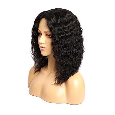 Imagem de SISWIM Perucas Perucas de onda profunda para mulheres negras Peruca cacheada sintética com cabelo de cor preta natural sem cola média para festa diária (cor: preto, comprimento esticado: 40,64 cm)