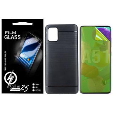 Imagem de Capa Capinha Case Emborrachada Carbon Preta + Pelicula de Gel Samsung Galaxy A51 A515 (Tela 6.5)