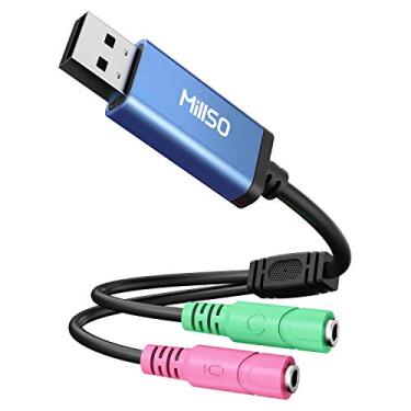 Imagem de MillSO Adaptador de áudio de placa de som externa USB, USB para fone de ouvido TRS de 3,5 mm e divisor de tomada estéreo de microfone para jogos de plugue duplo para laptop, desktop, PC, PS4, PS5 [chip integrado - 3,5 m]
