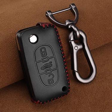 Imagem de SELIYA Capa de couro para chave de carro de 2 botões, apto para PEUGEOT 207 307 408, apto para CITROEN C2 C3 C4 C5 C6 bolsa de chave automática, 3 botões pretos