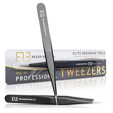 Imagem de Pinças para cabelos encravados da The Razor Bump Co. | Afiado, aço inoxidável, cirúrgico, pinças profissionais para mulheres e homens | Removedor de estilhaços de precisão | Melhor aparador de pelos faciais e sobrancelhas | Preto