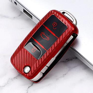 Imagem de YJADHU Capa protetora para chave de carro TPU de fibra de carbono, apto para VW Golf Bora Jetta POLO GOLF Tiguan Passat Skoda Octavia A5 MK6, vermelha