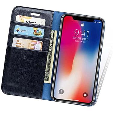 Imagem de KOSSMA Capa carteira flip para Apple iPhone 13 (2021) 6,1 polegadas, capa protetora fólio de couro genuíno [Suporte] [Slots para cartões] (Cor: Azul)