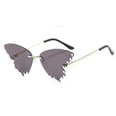Imagem de Óculos de sol de olho de gato de borboleta de cristal sem aro para mulheres Óculos de sol de liga leve feminino Óculos de festa com strass, cinza dourado, com estojo