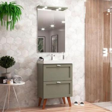 Imagem de Gabinete Para Banheiro Com Cuba E Espelheira 60cm Retro Mdf Verde Mila